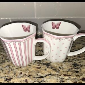 Grace Teaware Pink Striped And Polka Dot Butterfly Mugs Set